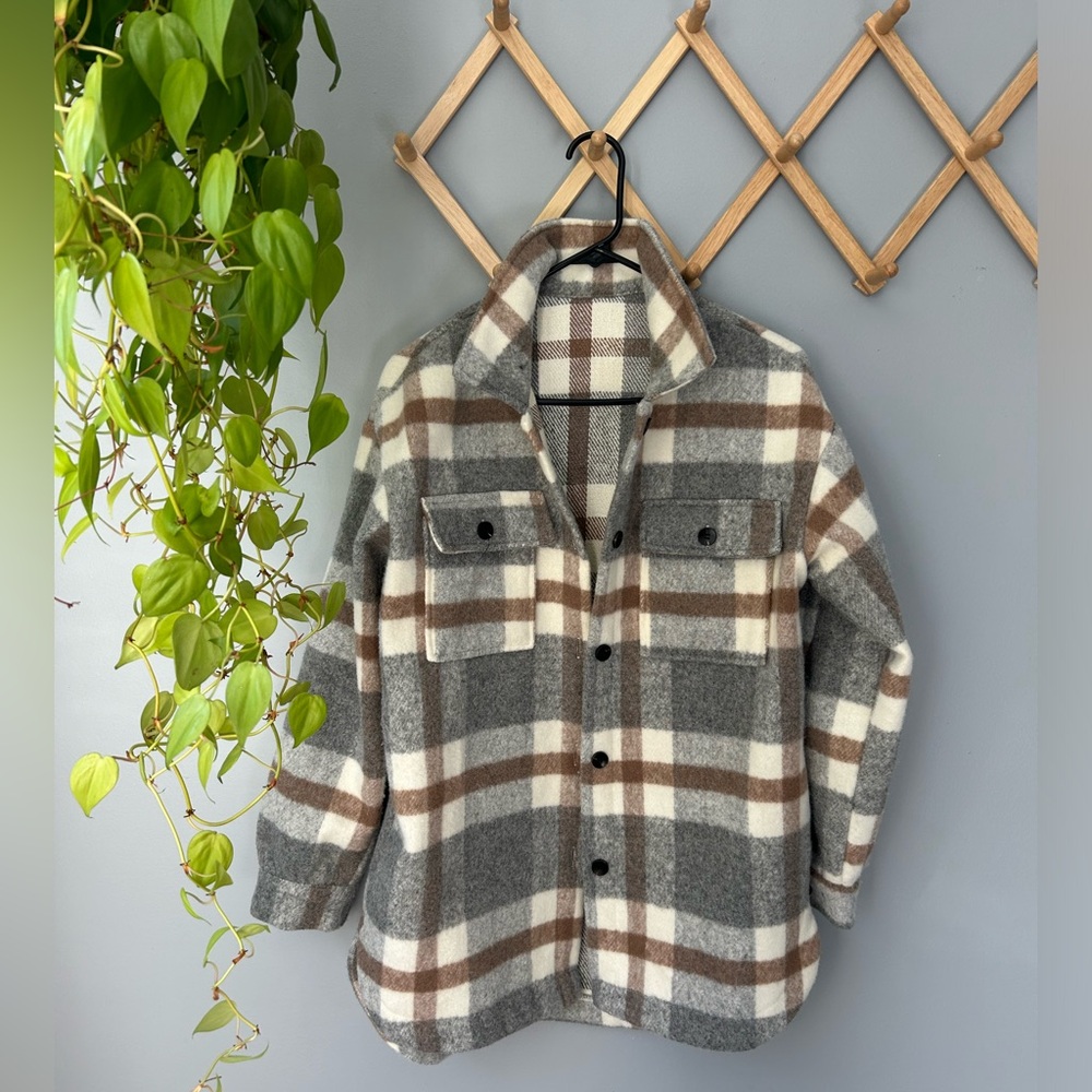Plaid Oversized Shacket Gray and Brown